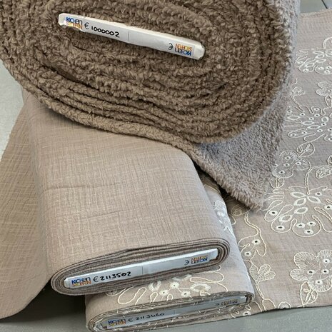 Broderie hydrofiel - Linnenlook hydrofiel met beige-taupe katoenen teddy KicKenStoffen