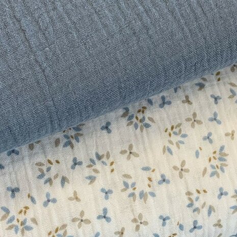 BEEBS bloemen  hydrofiel blauw en jeans blauw uni hydrofiel