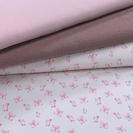 BEEBS hydrofiel vlinders en oud licht roze en oud mauve uni KicKenStoffen