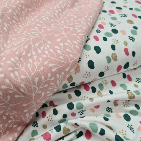 dots tricot met goud glitter roze takjes
