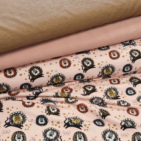 biologische french terry leeuwtjes met ottoman rib choco bruin melee en nude roze KicKenStoffen