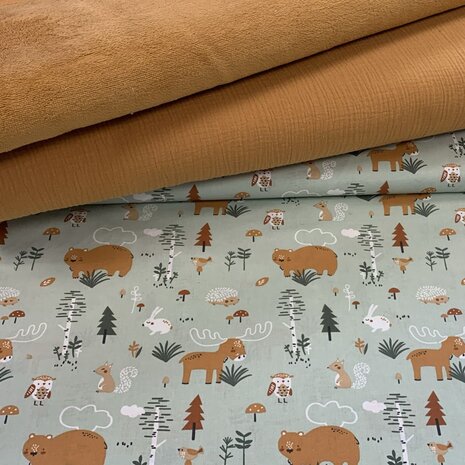 Swessie bosdieren katoen met bamboe katoen fleece 206017 en hydrofiel 1120013 KicKenStoffen