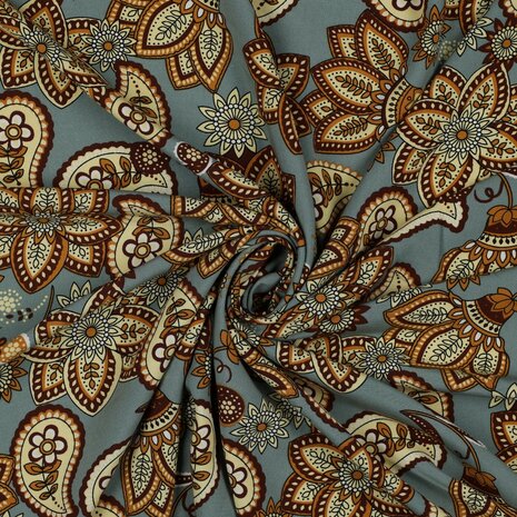 zee groen (donker) beige cacao bruin Paisley Bloemen Radiance Viscose (op=op)