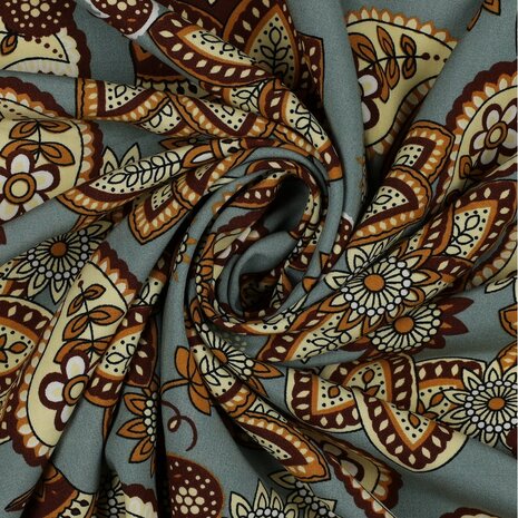 zee groen (donker) beige cacao bruin Paisley Bloemen Radiance Viscose (op=op)