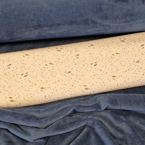 bamboe katoen fleece jeans blauw met visjes katoen KicKenStoffen