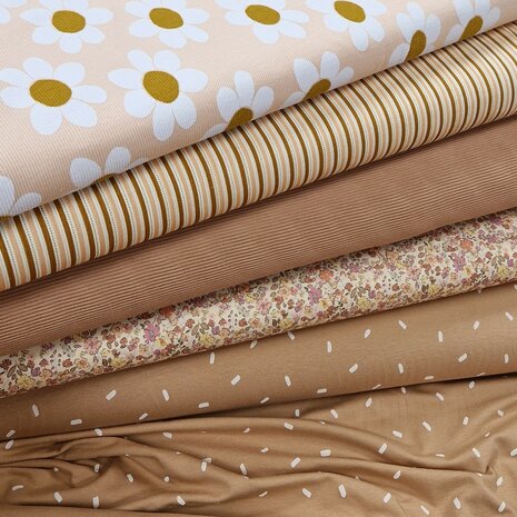 daisy flower rib tricot - retro streepjes rib soft - ottoman perzik - trendy bloem lila tricot - perzik confetti tricot KicKenS