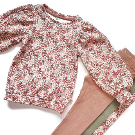 mixandmatch mbym.sewing veldbloemen met olijf groen  fijne rib tricot en uni perzik biologische tricot KicKenStoffen