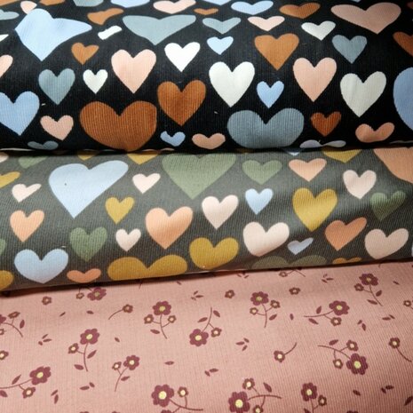 black and colored Hearts cotton needle cord fabric
