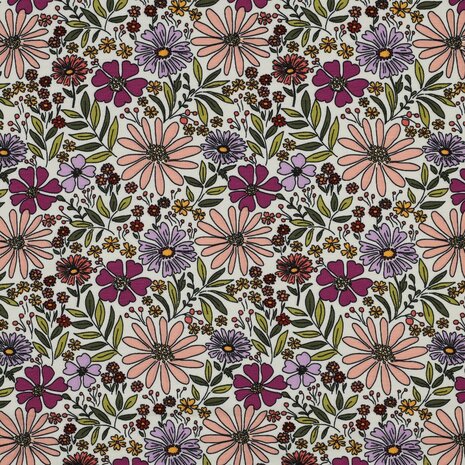 bloemen en takjes  wit lila roze tricot katoen KicKenstoffen 04124
