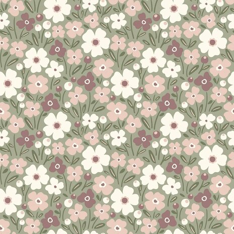 Jursie katoen groen mauve nude bloemen KicKenStoffen