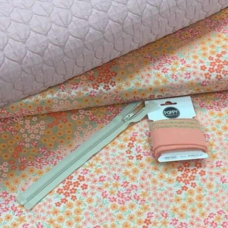 jacquard stof met bijpassende voeringstof - rits - boordstof bloem met roze voering _ kickenstoffen