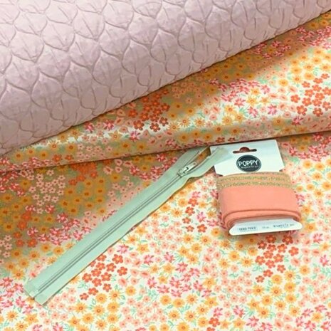 jacquard stof met bijpassende voeringstof - rits - boordstof bloem met roze voering _ kickenstoffen