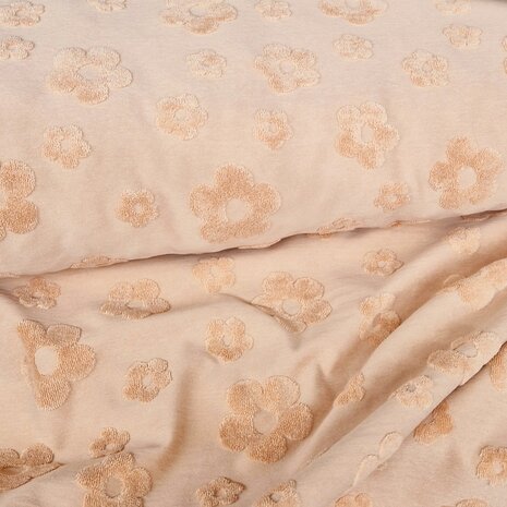 perzik badstoftricot met bloemen - KicKenStoffen