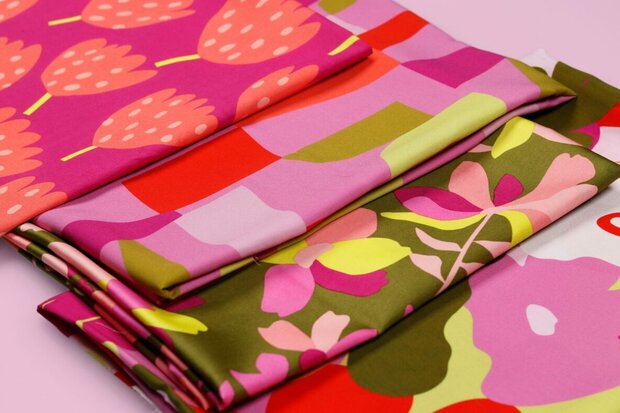 groen (moss) lila roze violet geel lime Bloemrijk en Frisse bloemen - satijn geweven katoen Nerida Hansen *S