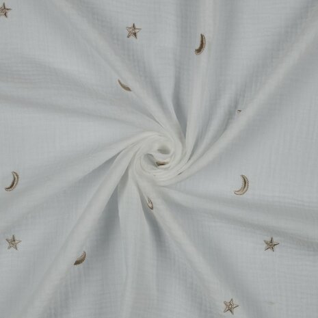 off white broderie hydrofiel moon and stars van KicKenStoffen