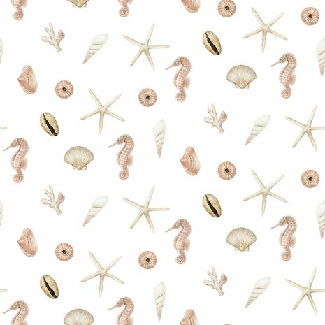 wit beige taupe Maritiem zee dieren en schelpen - digitale canvas kickenstoffen