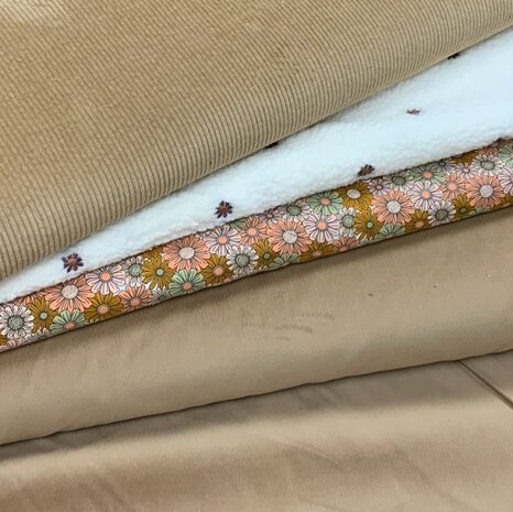 bloemen katoen - broderie teddy en stretch corduroy camel KicKenStoffen
