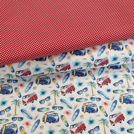 vw busjes beach hippie Udi katoen BEEBSstofjes met rood wit nieuw stipje