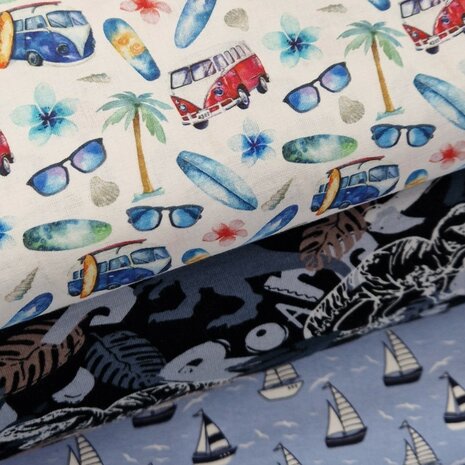 french terry dino blauw - katoen volkswagen bus - tricot zeilbootjes BEEBSstofjes van KicKenStoffen