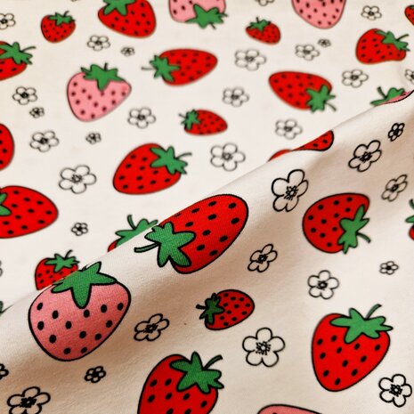 aardbeitricot met stipjes poplin katoen BEEBSstofjes - kickenstoffen