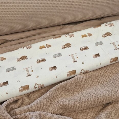 badstofwafel beige met ribtricot werkvoertuigen - KicKenStoffen
