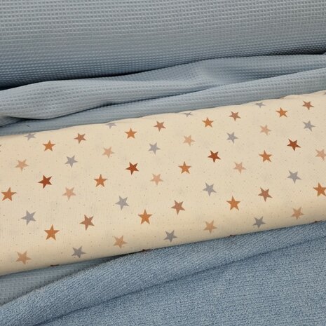 badstof wafel licht blauw met sterren ribtricot soft - KicKenStoffen