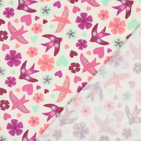 Poppyfabrics flanel met vogeltjes wit van KicKenStoffen