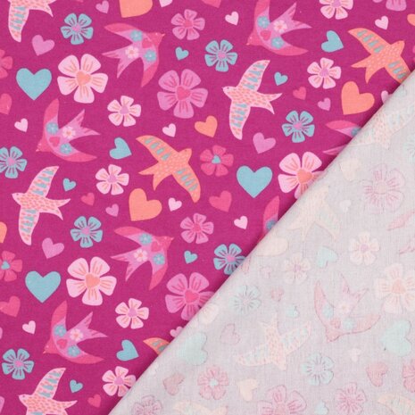 Poppyfabrics flanel met vogeltjes roze van KicKenStoffen