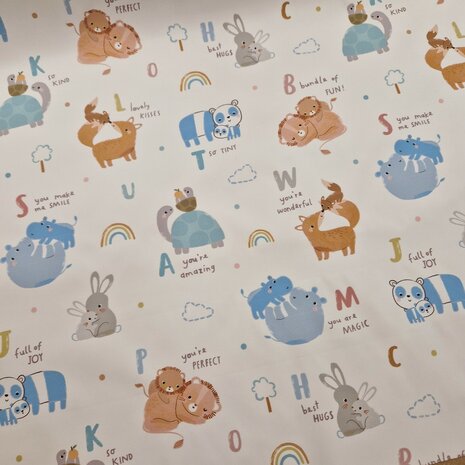 dieren en letters print aqua protect stof - regenjassen stof KicKenStoffen Swessie design
