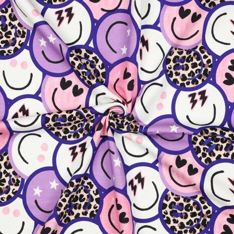 French terry Smiley met panterprint Happy Faces van KicKenStoffen