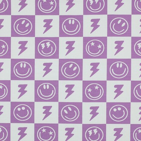 Happy faces jersey Lavender Poppy - KicKenStoffen