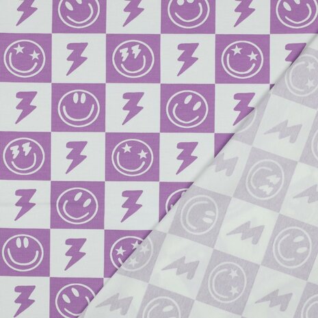 Happy faces jersey Lavender Poppy - KicKenStoffen