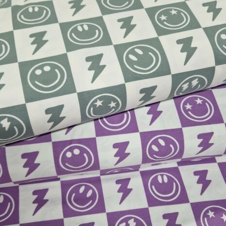 Happy faces jersey Lavender en Sage Poppy - KicKenStoffen