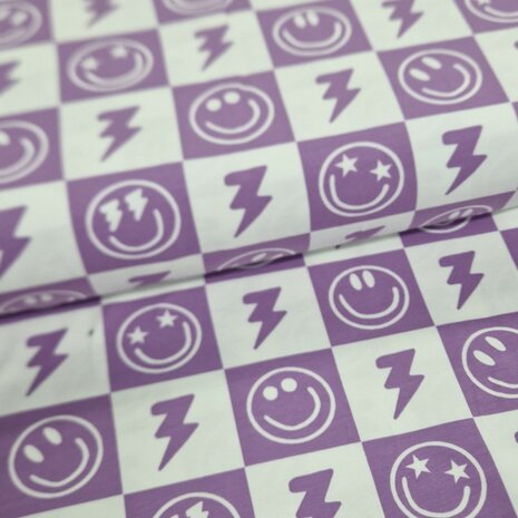 Happy faces jersey Lavender Poppy - KicKenStoffen