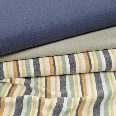 strepen hydrofiel dubbelzijdig met effen vintage mint pastel en jeans blauw -  Poppy - KicKenStoffen