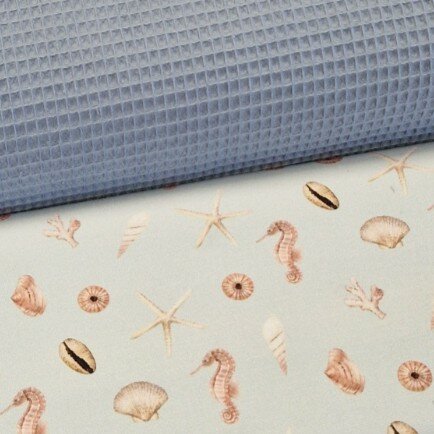 Zeeleven canvas katoen groen met licht jeans blauw wafelkatoen - KicKenStoffen