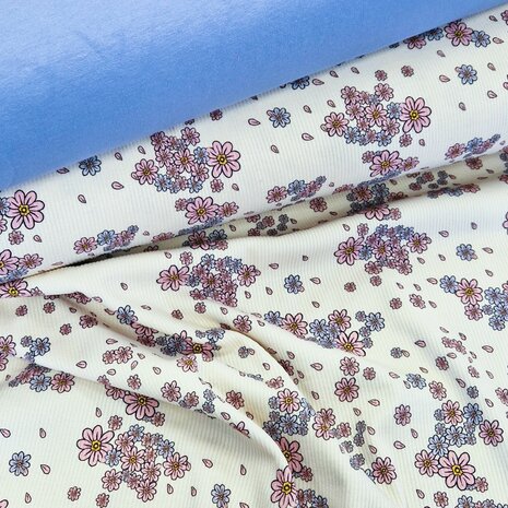 lavendel biologische uni french terry Poppy met Bloembladeren ribtricot KicKenStoffen - BEEBSstofjes