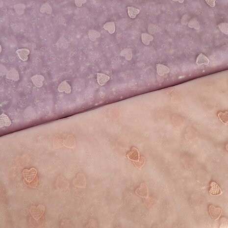 nylon mesh &amp; embroidery hearts lilac and pink KicKenStoffen
