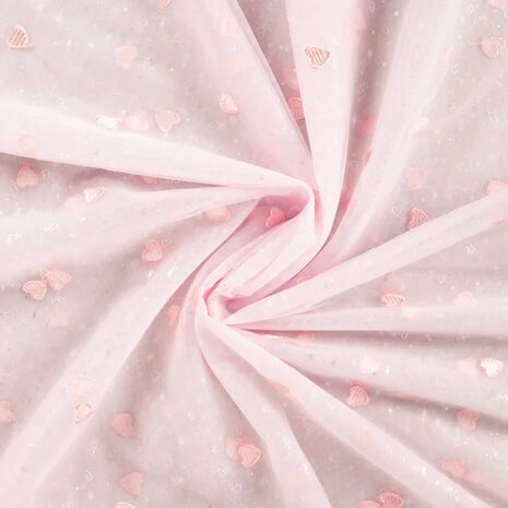 nylon mesh &amp; embroidery hearts pink KicKenStoffen