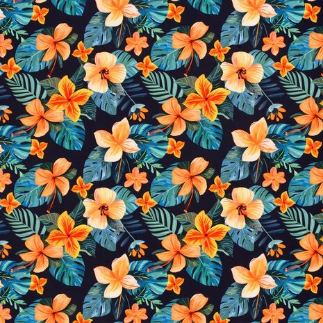 bloemen marine oranje - lycra swimwear KicKenStoffen