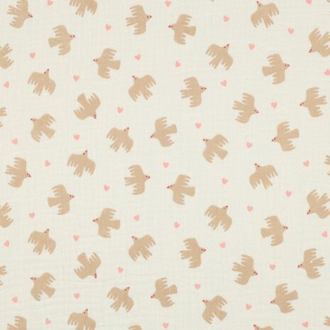 vogels en hartjes hydrofiel creme beige van kickenstoffen