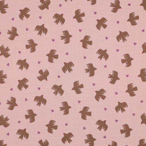 vogels en hartjes hydrofiel roze beige van kickenstoffen