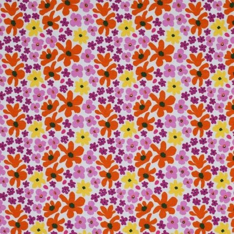 Beebs paars geel oranje retro bloem tricot KicKenStoffen