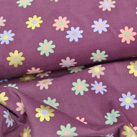 daisy flower corduroy baby rib bordeaux met kleurtjes en glitters  - KicKenStoffen 