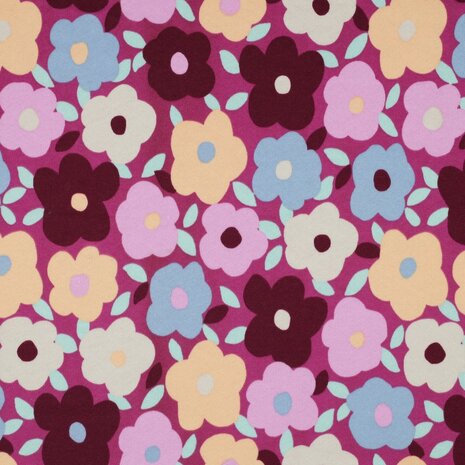 fuchsia bloemen sweatstof brushed binnenkant - kickenstoffen