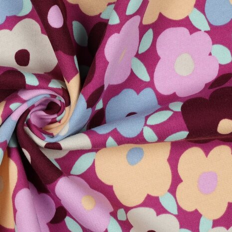 fuchsia bloemen sweatstof brushed binnenkant - kickenstoffen