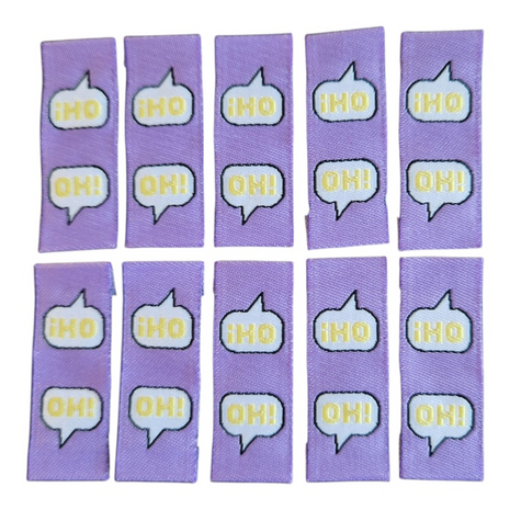 kids sewing labels paars tekst ballon Oh! KicKenStoffen.nl