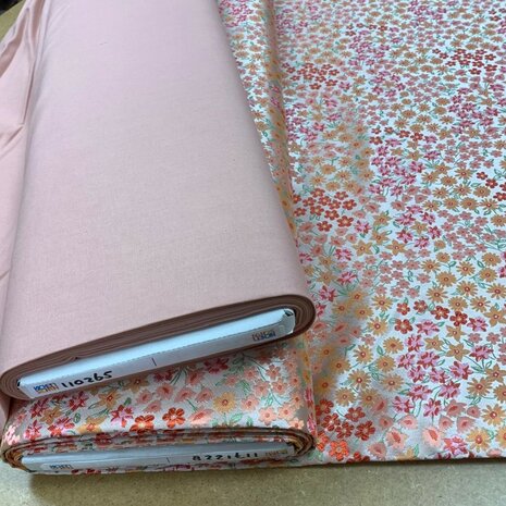 jacquard bloemetjes katoen roze uni 110265 - kickenstoffen