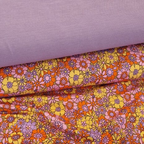 bloem tricot retro met oud lila ottoman rib - kickenstoffen