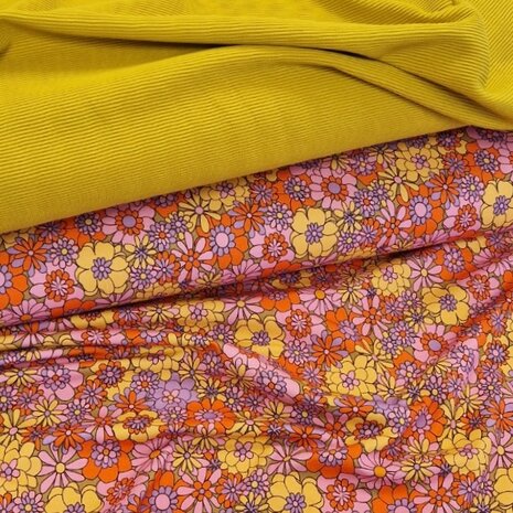 bloem tricot retro met mosterd oker ottoman rib - kickenstoffen
